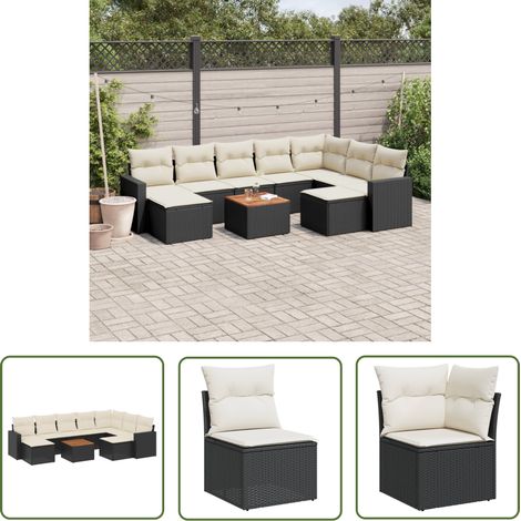 The Living Store Salon de jardin 10 pcs avec coussins noir résine tressée - Ensemble Salon De Jardin - Mobilier Extérieur - Jardin Design - Chaise Lounge - Pouf Pliable (1/5)