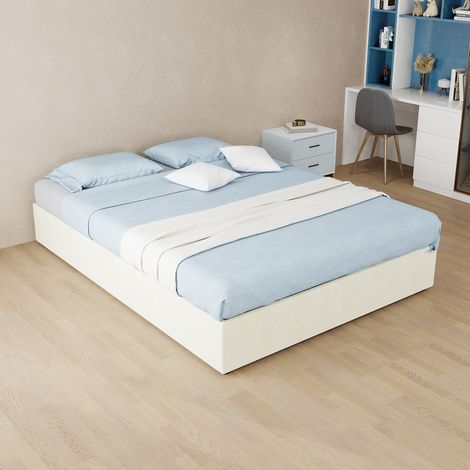 Cama tapizada moderna 140x200 cm beige, tela y metal, con cabecero original y arcón con pistón (1/5)