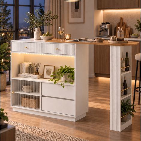 Table bar extensible 120x30x100 cm en aggloméré blanc, rotative, gain de place – MEUBLIV (1/5)
