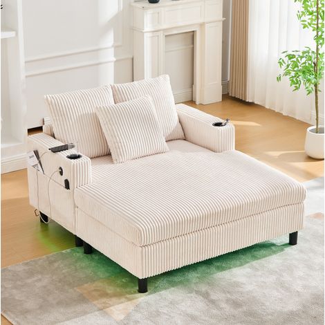 Sillón relax con LED, puerto USB y portavasos, terciopelo acanalado beige (1/5)