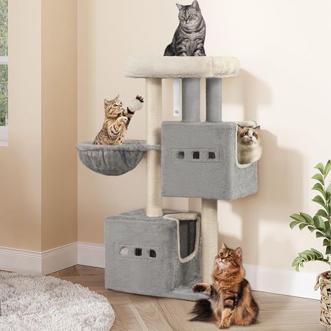Arbre à chat 98 cm – 2 grottes et grande plateforme – 3 piliers en sisal – Stable et sécurisé – Couleur gris clair (1/5)