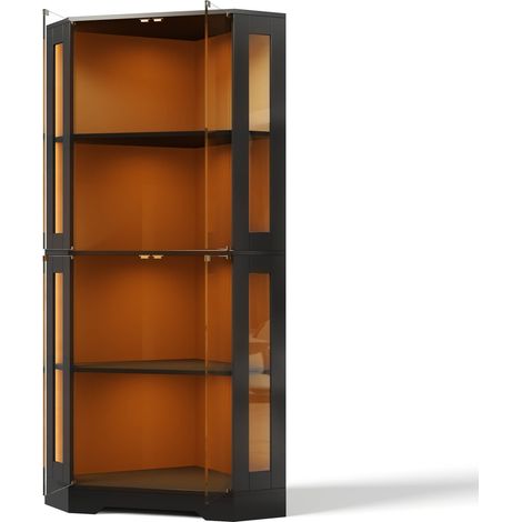 Vitrina esquinera de cristal con LED 165 cm MDF negro para cocina y comedor HOMVRA (1/5)