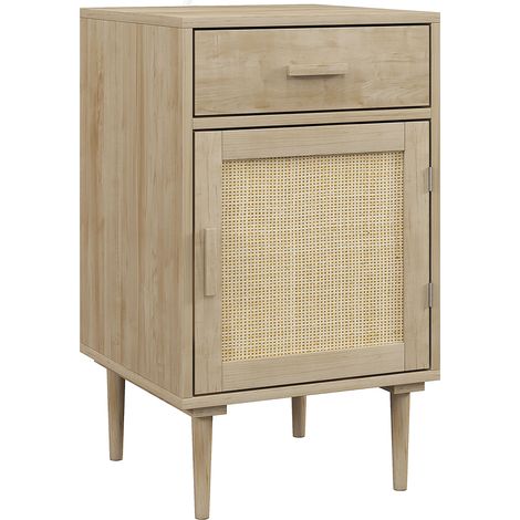 Bedside Table, Rattan Side Tables with Drawer, Cabinet and Adjustable Shelf, Boho Bedside Cabinet with Storage for Bedroom, Living Room, Natural Wood Effect