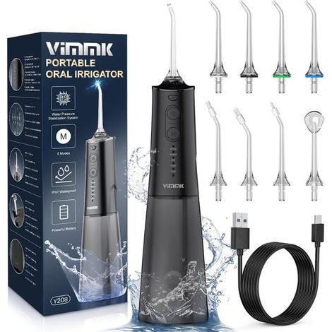 Jet Dentaire - SUTEO - Hydropulseur Noir - 5 Modes - 8 Embouts - Rechargeable IPX7