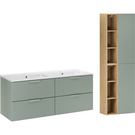 Lavabo doble encastrado de 120 cm con pedestal Oria en verde mate