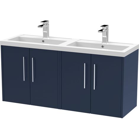 Winshill Contemporary 4 Door Wall Hung Vanity Unit with Double Basin, Dark Blue, 1200mm