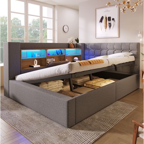 lit adulte rangement 140x190 LED lin gris OKMYHOME (1/5)