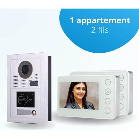 Portier interphone vidéo MODERN 2 Fils - 1 appartement - 2 écrans blancs - avec lecteur de badge
