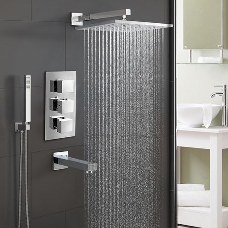 Olive Chrome Square 3 Way Concealed Thermostatic Shower Mixer Set - Shower Head, Handset & Bath Filler Spout (1/5)