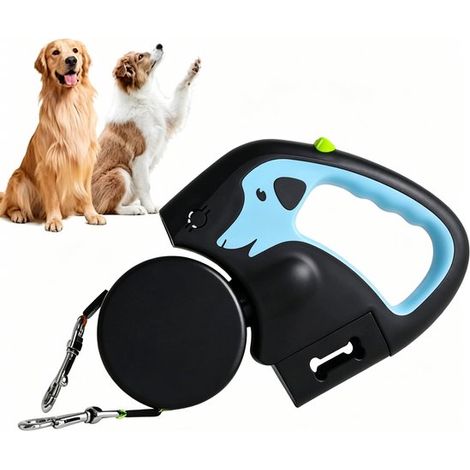 Double laisse rétractable pour chien – 3 m – 360° anti-emmêlement – LED et porte-sacs – Bleu – 2 petits chiens (1/5)