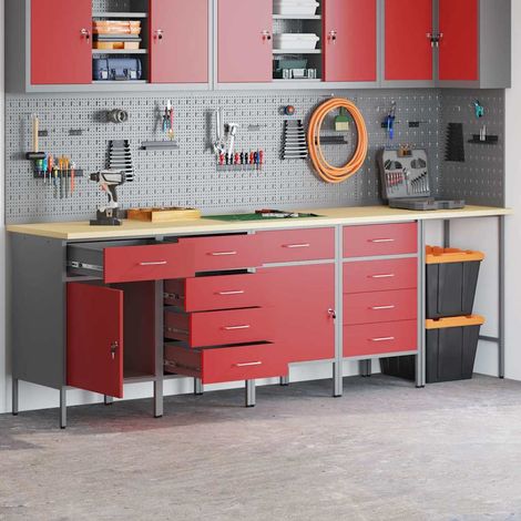Set di mobili da lavoro con cassetto 5 pz Rosso e Grigio vidaXL