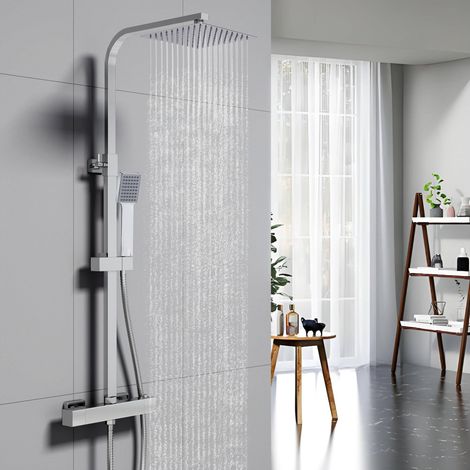 Biubiubath – Colonne de douche thermostatique 38°C – Pommeau carré 20x20 cm – Hauteur réglable 76-118 cm – Laiton et inox – Verrouillage sécurité