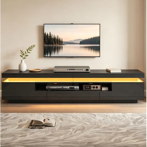 Meuble TV 175x38x45 cm en panneaux de bois noir, avec rangement LED pour salon FloraGrace (1/5)