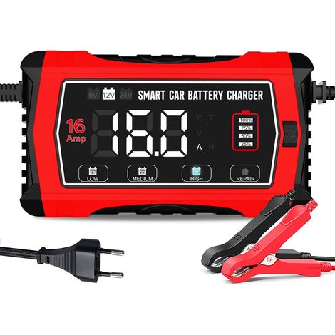 Chargeur de Batterie 16A, Chargeur Intelligent Automatique 6V/12V/24V pour Batteries Plomb (AGM/Gel/SLA/EFB) et LiFePO4, Maintien de Charge 10 Étapes avec Écran LCD pour Voiture, Moto et Plus (1/5)