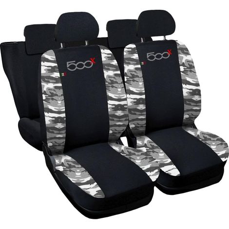 Lupex shop - Coprisedili Auto Compatibili per 500X, Made In Italy, set di copri sedili anteriori e posteriori con copri poggiatesta incluso, tessuto poliestere, Nero - Mim. Chiaro