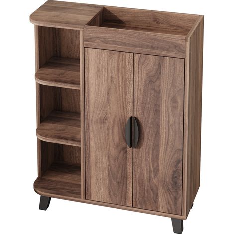 Scarpiera stretta in legno effetto noce con ripiani aperti e anta doppia HOMVRA 80 x 32 x 99 cm (1/5)