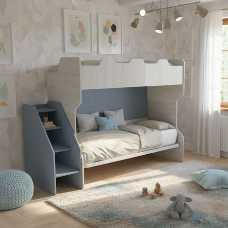 Letto a castello salvaspazio con terzo letto estraibile e scala laterale - Ideale per camerette - Rovere Rock e Avio