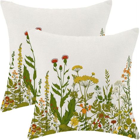 Housse De Coussin Carré - 45x45 Cm - Lin Tissé Polyester - Motif Fleur Sauvage Vert Sauge - Pour Canapé Lit Chaise Intérieur Extérieur - Lot De 2 (1/5)