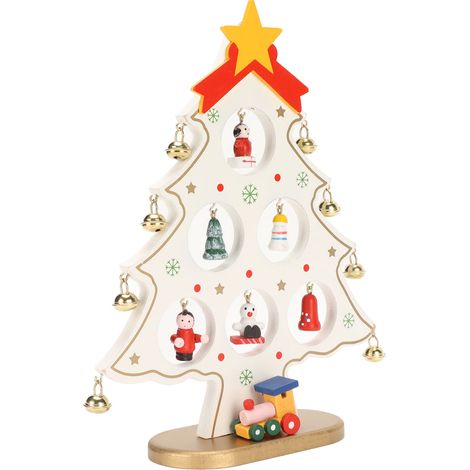 Sapin de Noël en bois blanc pour décoration de table, ornement incassable et écologique, avec 8 clochettes et 7 pendentifs, sécurité garantie (1/5)