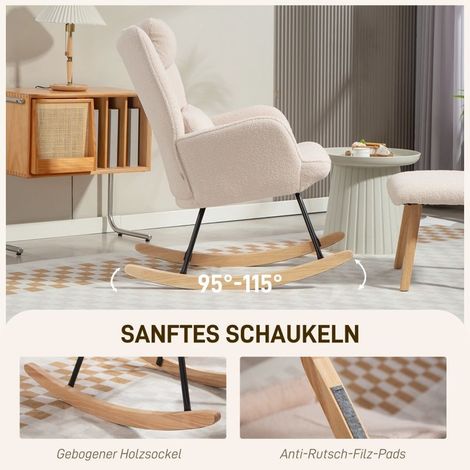 Fauteuil à bascule avec repose-pieds, tissu effet bouclette beige, dossier haut et coussin pour salon (1/5)