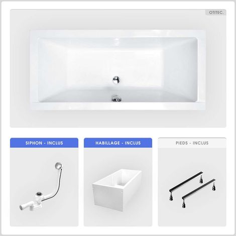 Baignoire rectangulaire - 170 x 75 cm - avec Habillage Polystyrène - Pieds - Vidage Chrome - QUADRO SLIM (1/5)