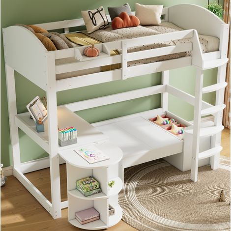 Cama alta infantil 90x200 cm de madera maciza blanca con escalera, escritorio extraíble, sofá con almacenaje y estantes (1/5)