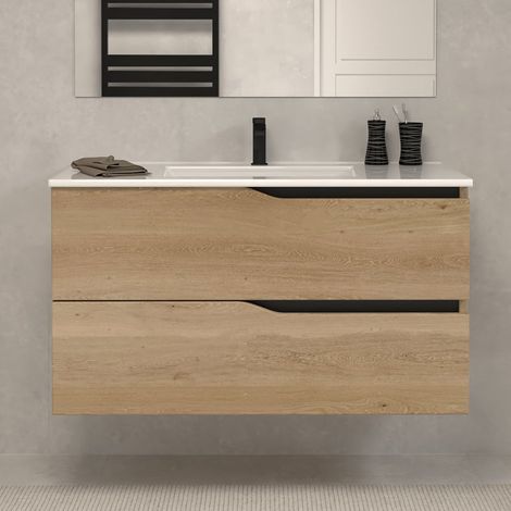 Meuble sous vasque seul, 2 tiroirs, 100cm, pour simple vasque - madera miel (chêne clair) - LUNA