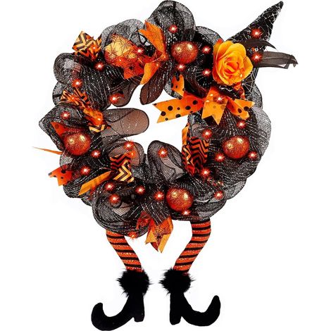 Ghirlanda di Halloween, decorazioni di Halloween, cappello da strega e ghirlanda di gambe, 30 luci LED arancioni, ornamento da parete per porta d'ingresso, ornamenti per feste. (1/5)