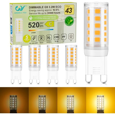 Ampoule Dimmable G9 LED Blanc Chaud 2700K, 3.2W 520LM Equivalent 43W, G9 Classe C, 360 Degrés, 220-240V, Luminosité Réglable, Lot de 5 (1/5)