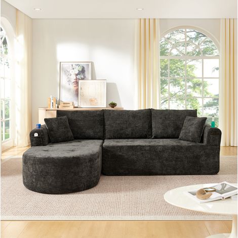 Ecksofa L-Form mit Becherhalter Leinen Schwarz OKMYHOME (1/5)