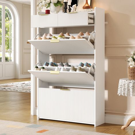Meuble à chaussures étroit 80 x 25 x 135 cm avec 3 abattants et 2 tiroirs, blanc, panneau de particules (1/5)