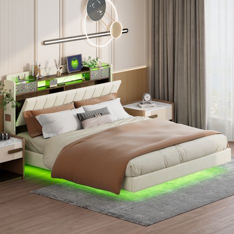 Polsterbett 160/200 cm Beige aus Leinenstoff mit LED-Beleuchtung und USB-Kopfteil (1/5)