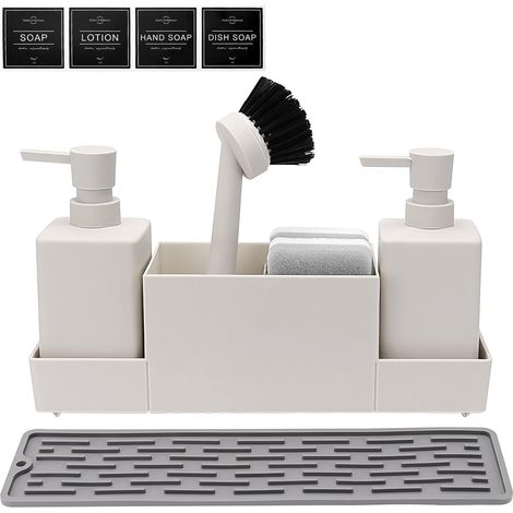 Organisateur évier - Ensemble 7 pièces - Plastique et silicone - Distributeur liquide vaisselle 350ml - Cuisine et salle de bain - Blanc (1/5)
