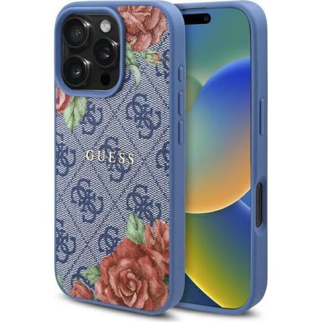 Funda rígida Guess GUHMP16XP4ROPEMCB para iPhone 16 Pro Max de 6,9 pulgadas, color azul/azul, 4G, estampado floral, MagSafe (1/5)