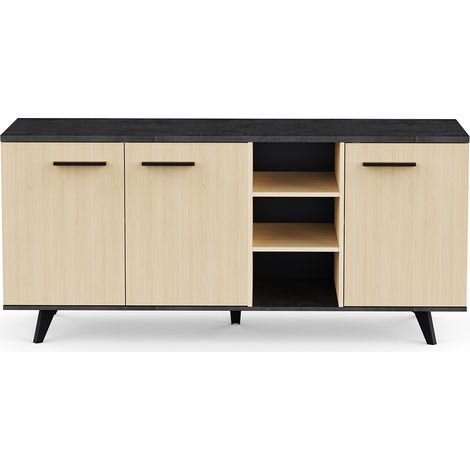 Buffet bas meuble de rangement 3 portes 3 niches couleur chêne / anthracite - Largeur 160,7 x Profondeur 43,9 x Hauteur 73,3 cm (1/5)