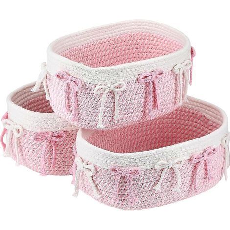 Lot de 3 paniers cadeaux roses à nœud, jolis paniers cadeaux en corde tressée, organisateur d'étagère rectangulaire, panier à linge (1/5)