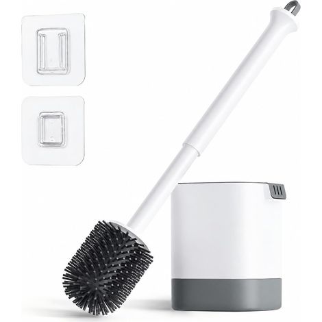 Brosse WC Silicone avec Support, Set de Brosse WC pour Un Nettoyage en Profondeur de la Salle de Bains, Brosse Toilettes WC Blanche avec Base à Séchage Rapide et Pince (1/5)