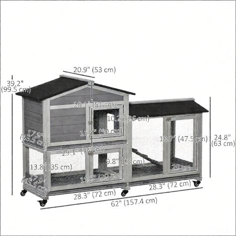 Clapier en bois gris clair, 157 cm (62 pouces), avec roulettes (1/5)