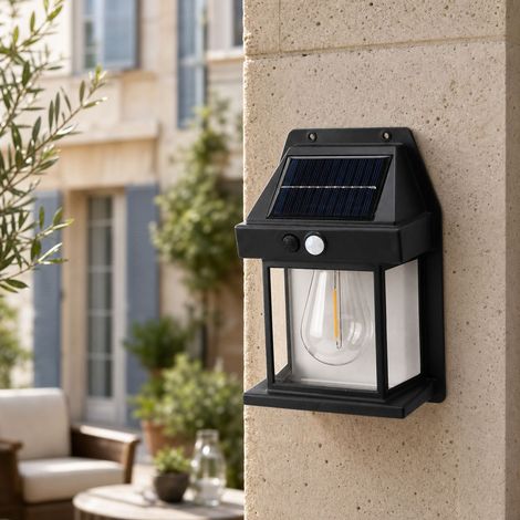 Applique Murale Solaire Extérieur LED avec Détecteur de Mouvement, Étanche IP65, Lumière Chaude Rétro pour Jardin Terrasse Cour (1/4)