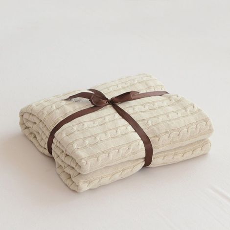 Couverture en tricot torsadé en coton super douce et chaude pour chaise, canapé, lit (Beige, 110 x 180 cm)