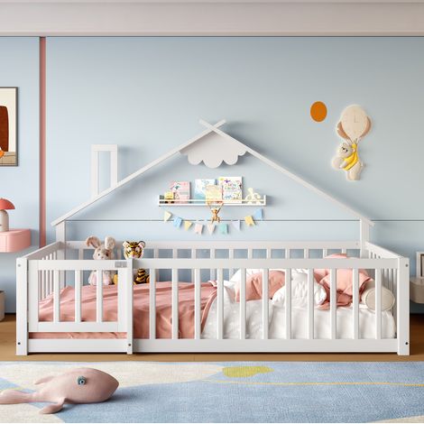 Lit enfant 90x190 maison avec barrière pin blanc HAVRYA (1/5)