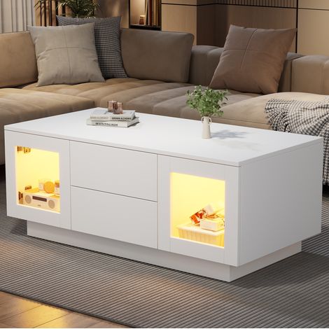 LED-Couchtisch 100 x 50 x 40 cm aus MDF mit 2 Schubladen und 2 Glasschränken Weiß (1/5)