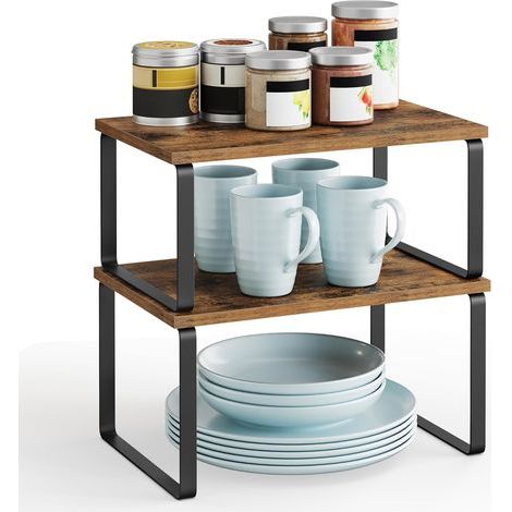 Scaffale per spezie, set da 2, organizzatore per armadi, scaffale da cucina estensibile, porta-spezie impilabile, in metallo e legno ingegnerizzato, nero e marrone rustico (1/5)