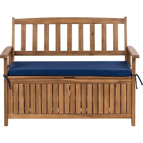 Banc de Jardin avec Rangement Rustique en Bois d'Acacia 120 cm avec Coussin en Tissu Bleu Sovana (1/5)