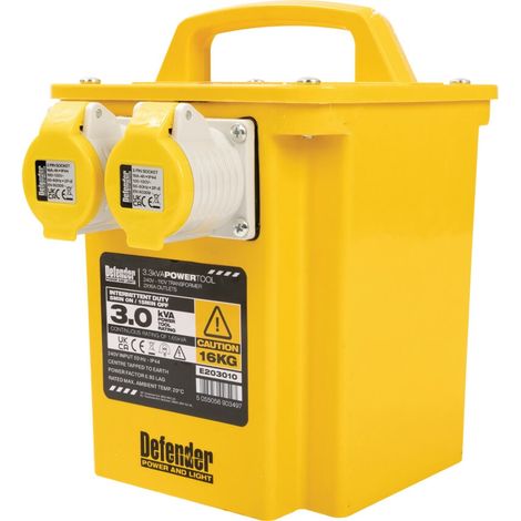 Defender Transformer 110V 3.0Kva 2x 16A Outlets Weather Resistant 230V E203010 (1/4)