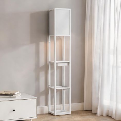Lampadaire blanc 159 cm avec étagères USB et prise en bois (1/5)