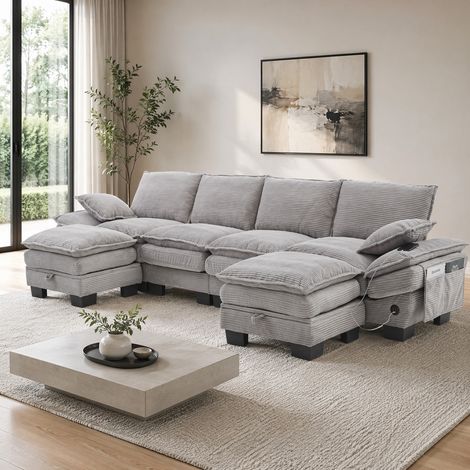 Divano modulare a 4 posti 330x132x84 cm, con 2 pouf, seduta ergonomica, USB-C, tessuto corduroy grigio chiaro (1/5)