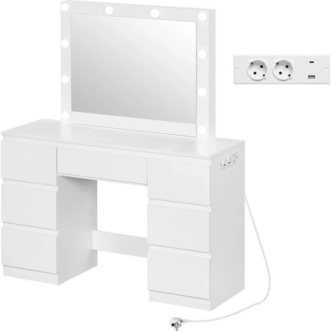 Tocador blanco con espejo LED, 7 cajones y enchufes integrados (1/5)