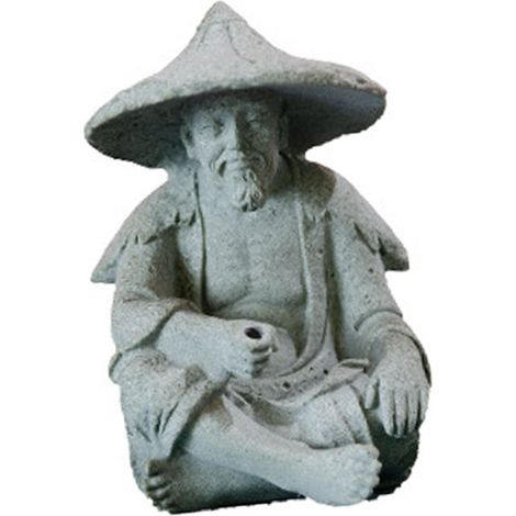 Statue de pêcheur en résine gris clair, représentant un vieil homme pêchant, idéale pour un jardin de rocaille, un aquarium écologique ou un micro-paysage. (1/5)