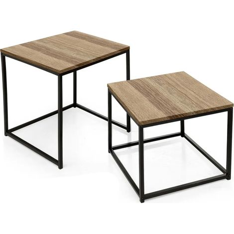 Set de 2 mesas de metal con superficie de madera de roble 50x50x51 y 44x44x38